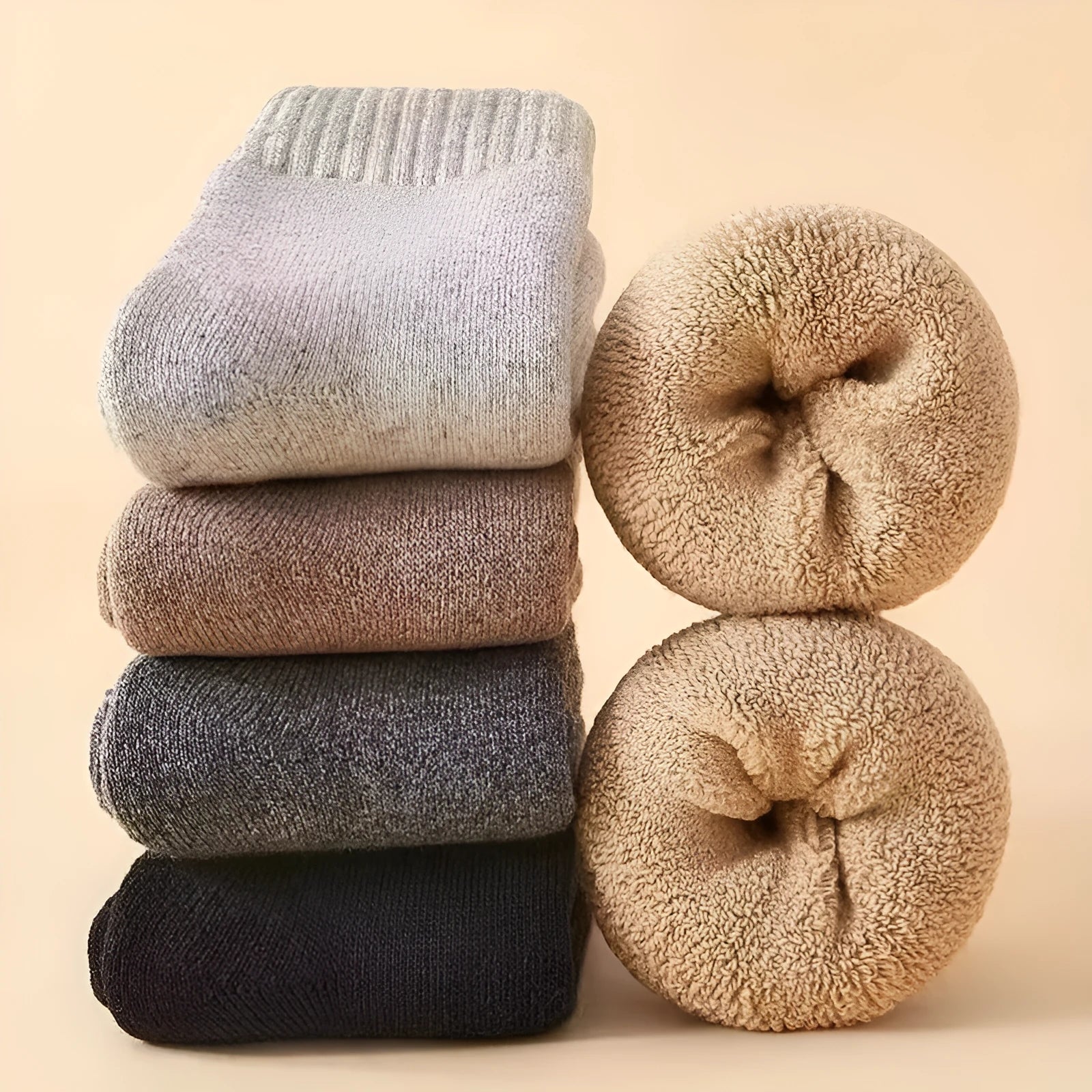 Two pairs of thick solid-colour wool socks in black, khaki, grey, or dark grey, laid flat.