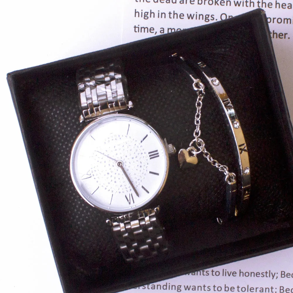 Ladies watch set with gypsophila design two-piece bracelet in silver and rose gold options
