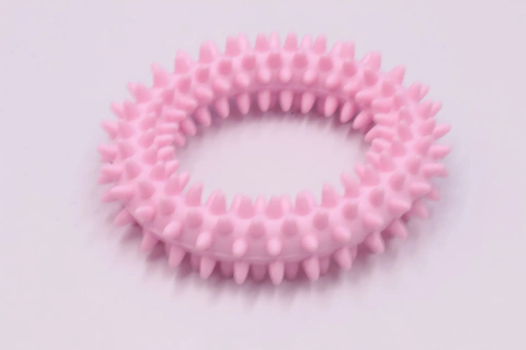 Blue TPR spiky circle ring dog chew toy for dental health and bite training.