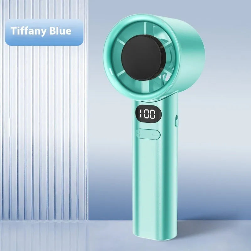 A handheld USB fan with 120 speed settings in green, khaki, silver, or white colour options.