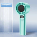 A handheld USB fan with 120 speed settings in green, khaki, silver, or white colour options.