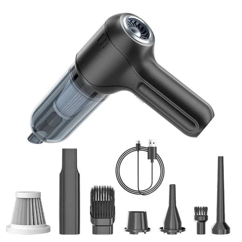 Black cordless car vacuum cleaner with multiple nozzle attachments on a car seat.