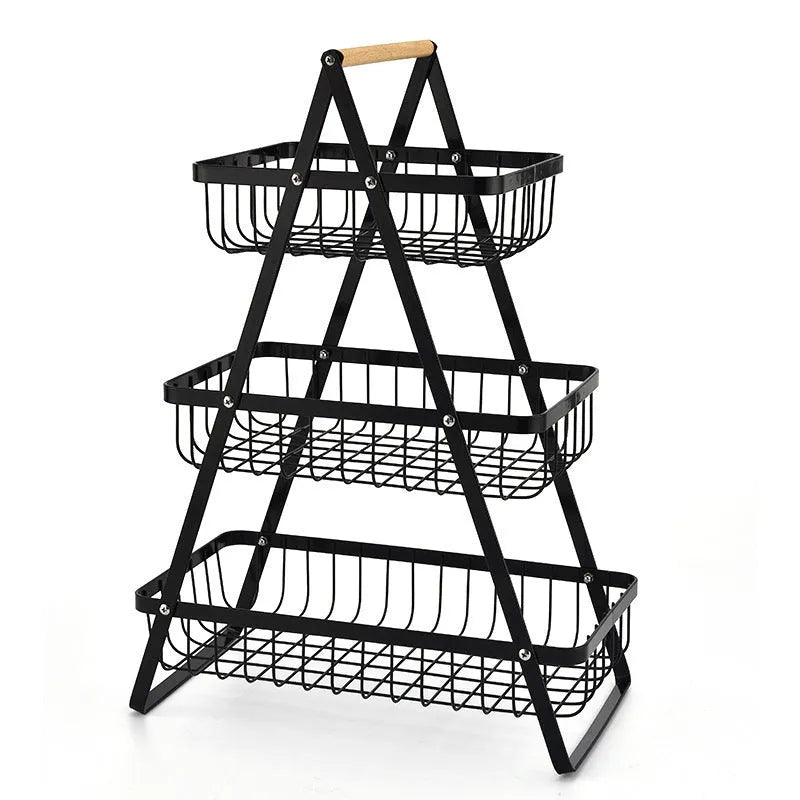 Black detachable double-layer iron fruit basket with wooden handle showing separated and stacked configurations
