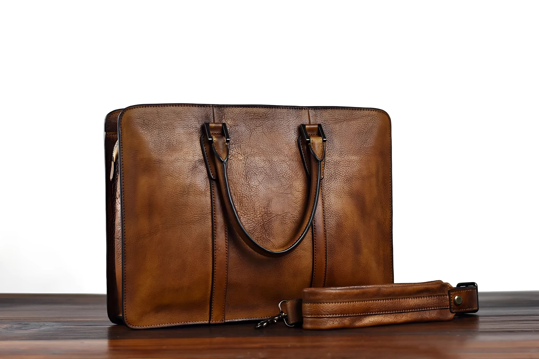 14-inch retro men's leather handbag in horizontal square shape for business use