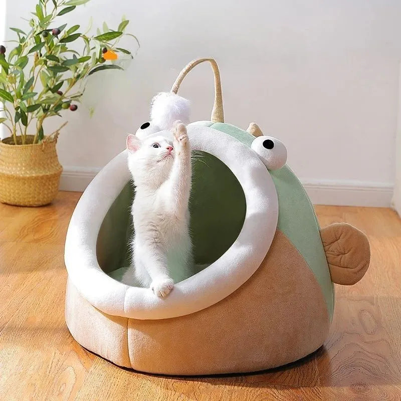 Grey deerskin velvet cat house bed with semi-closed design and removable cushion shown in lantern fish shape