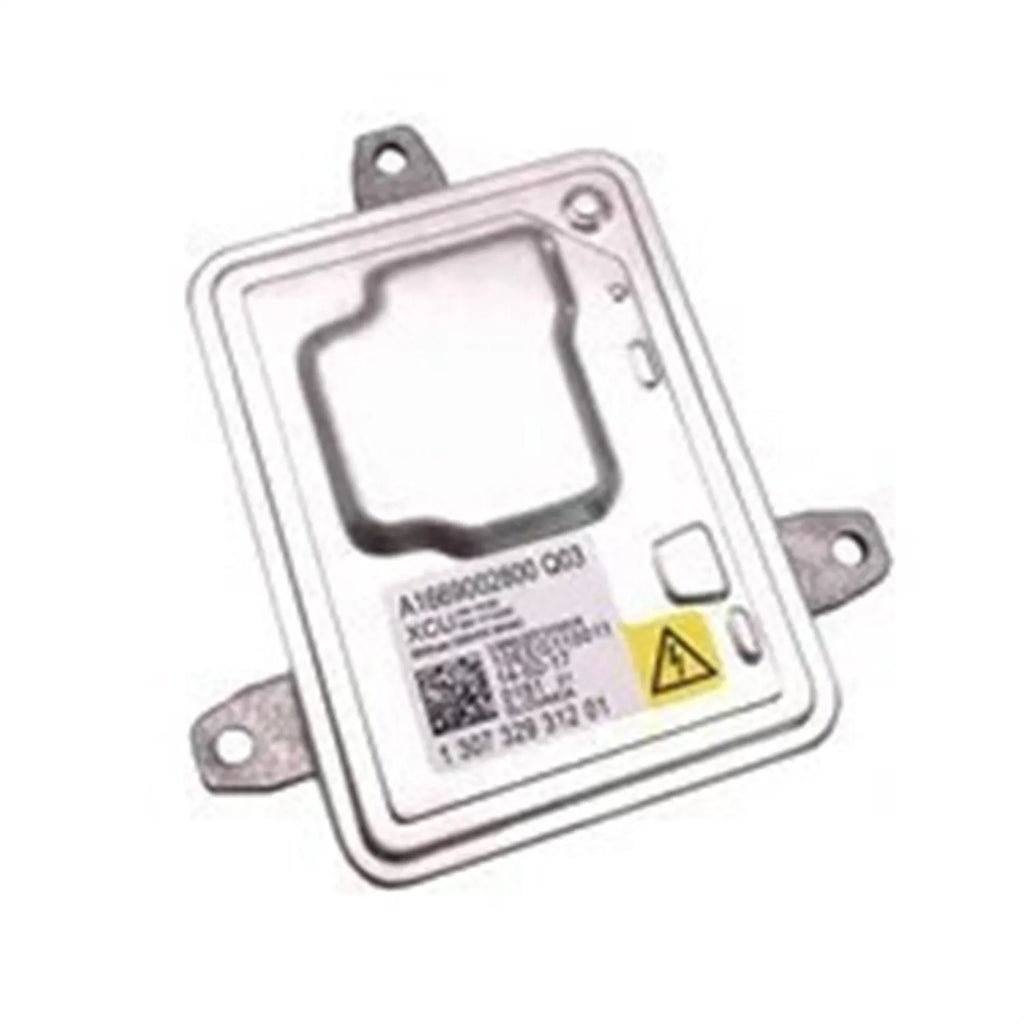 Metal headlight ballast replacement part measuring 14 by 11 by 4.5 centimetres.