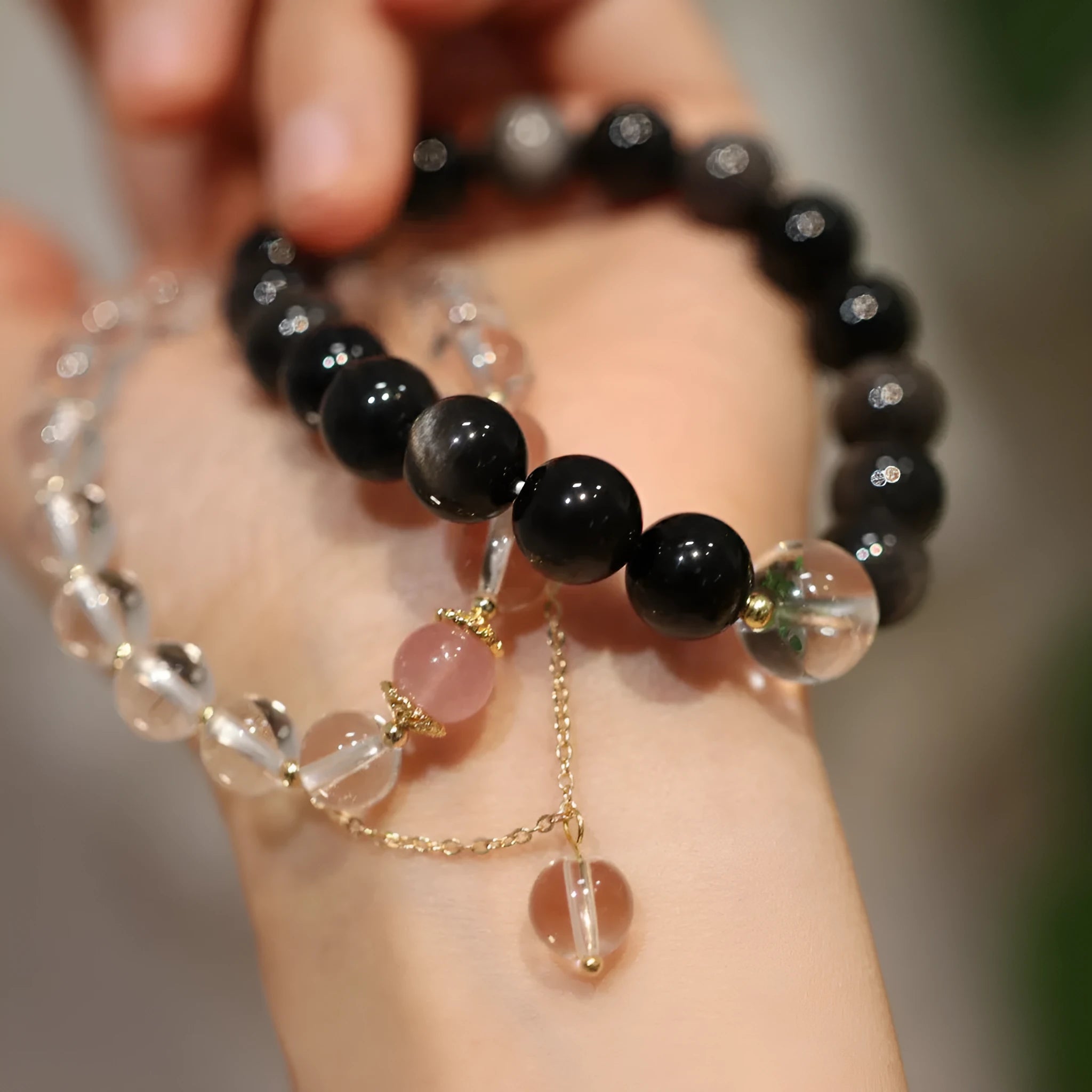 Geometric crystal bracelet with Chinese auspicious patterns in white and pink crystal beads