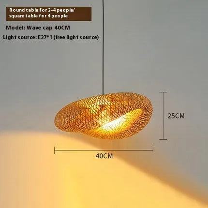 Natural woven bamboo straw hat-shaped pendant ceiling lamp with an open weave design.