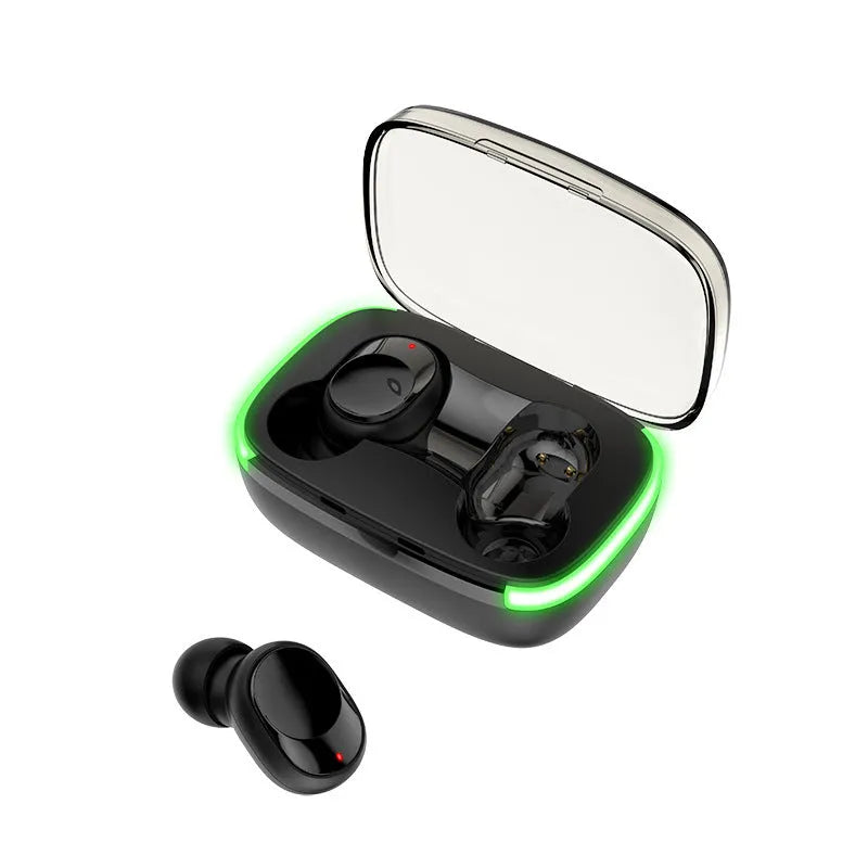 Touch Sports waterproof true wireless headphones in black with digital battery display on earbuds