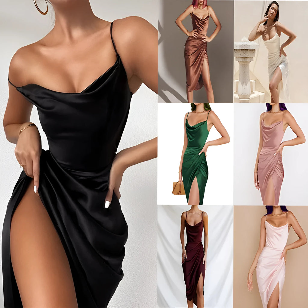 Satin split skirt dress in high waist design with sleeveless mid-length cut available in multiple solid colours