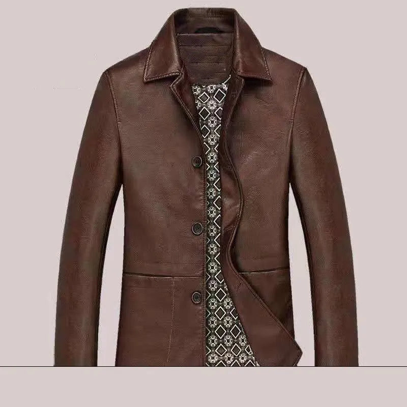 Men's solid colour PU leather polo collar coat with extended 100cm length and tight fit in black