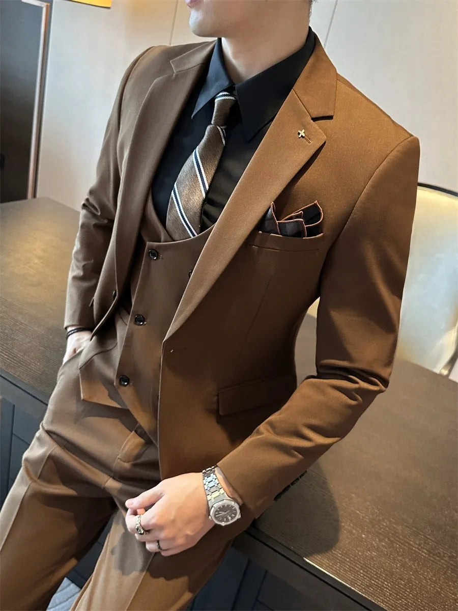 Men's slim fit formal wear business suit set in chemical fibre blended fabric available in three colours