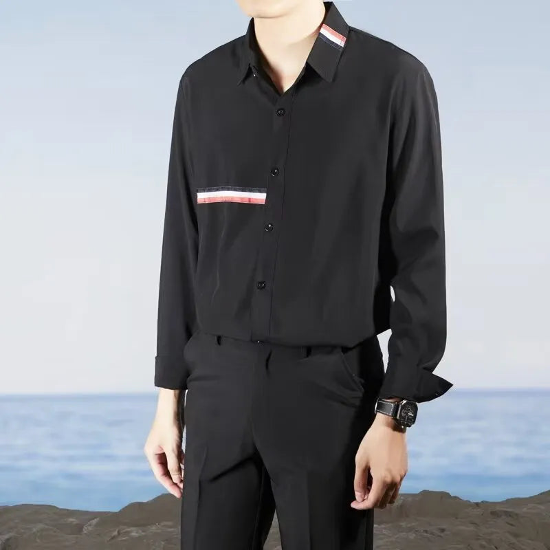 Hong Kong style loose shirt in cotton blend fabric with cardigan design