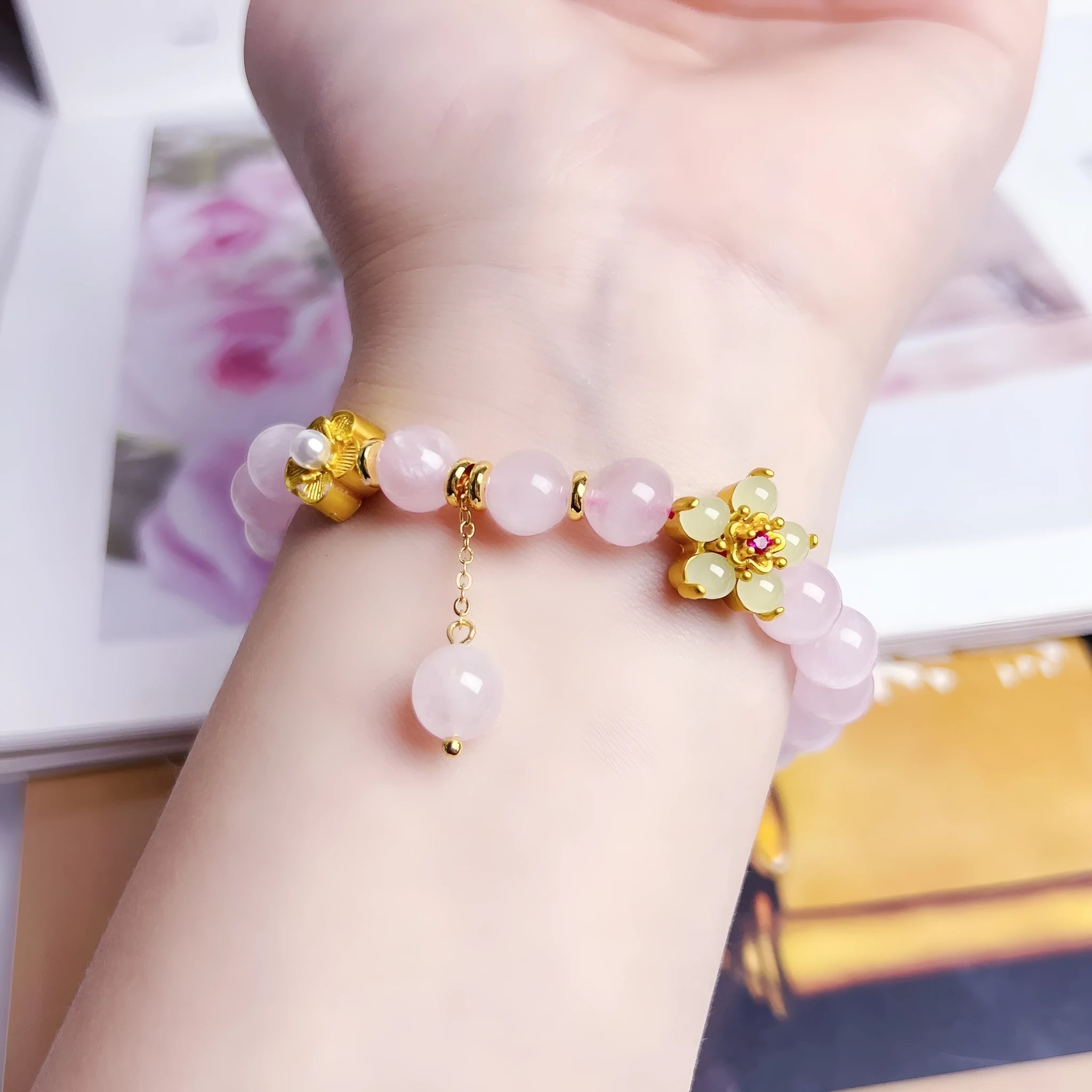Pink crystal bracelet with peach blossom charm, handmade women's jewellery