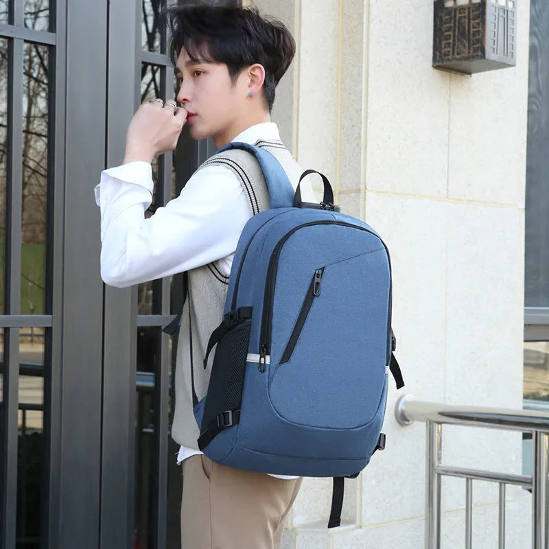 Oxford cloth computer backpack in blue colour showing 35 litre capacity and street style design