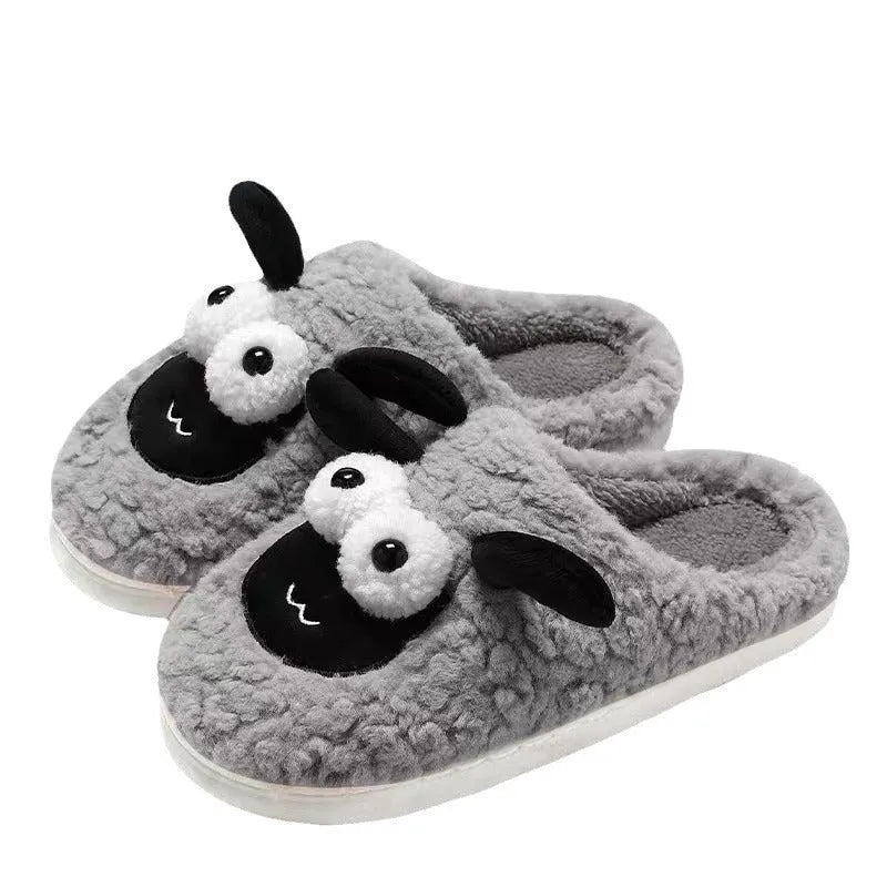 Brown lamb thermal cotton slip-on slippers with sewn PVC sole on wooden floor