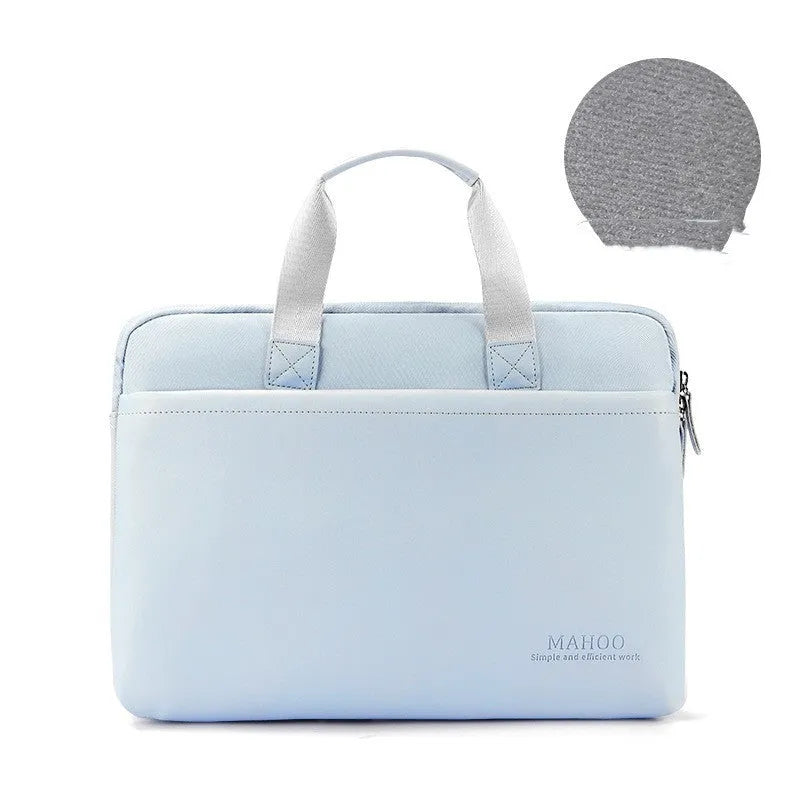 Beige PU leather laptop bag for MacBook Pro with zipper closure and soft handle