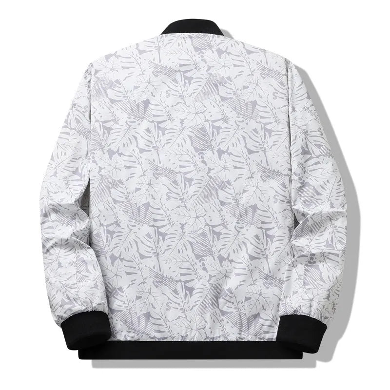 Men's autumn casual jacket with floral pattern in polyester fibre, available in grey, black, white, and blue, sizes M to 4XL