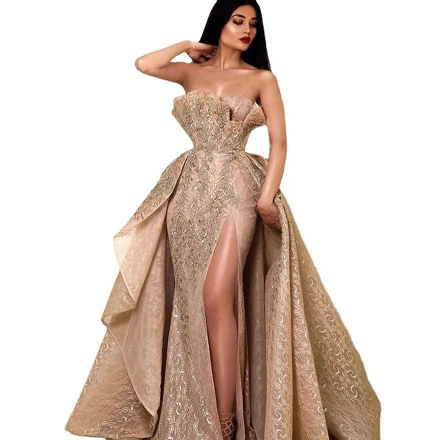 Women's gold sleeveless chiffon swing dress with long skirt, sequins and mid waist tube top design