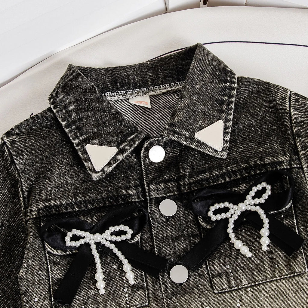 Girls' two-piece set with bow decoration: black denim coat and wide-leg pants, solid or floral, height 90-140cm