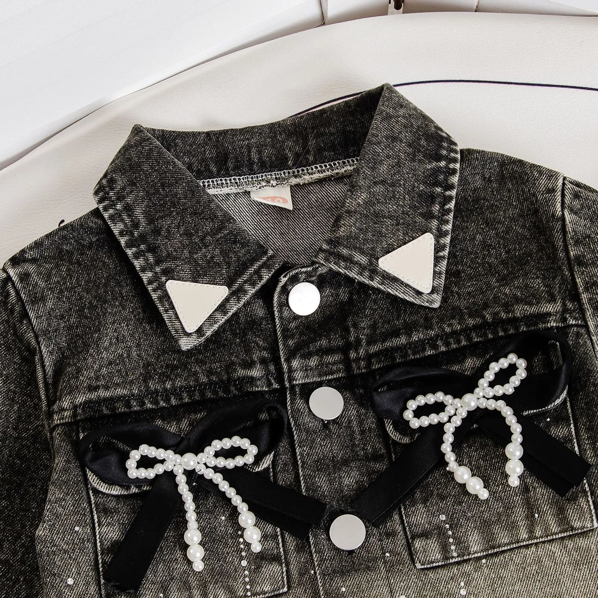 Girls' two-piece set with bow decoration: black denim coat and wide-leg pants, solid or floral, height 90-140cm