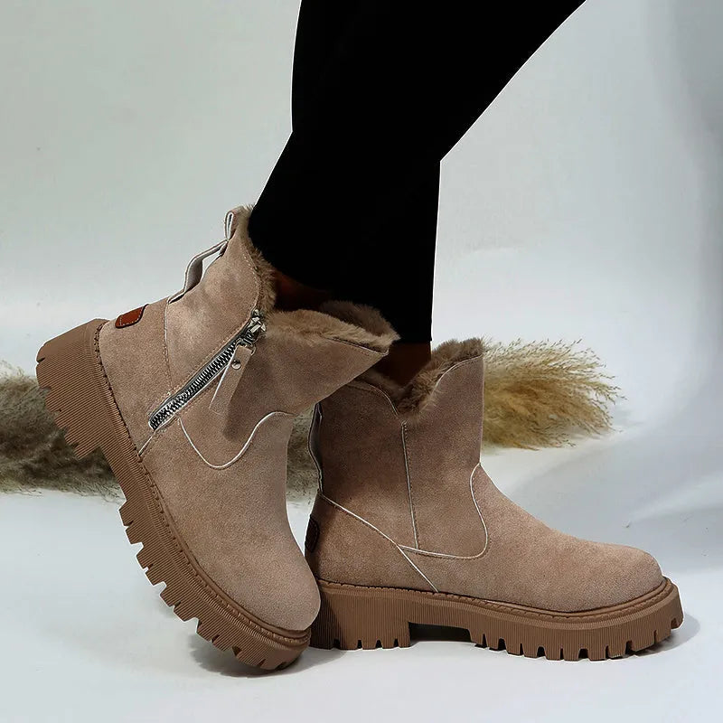 Women's black thick plush high-top snow boots with a side zipper and non-slip rubber sole.