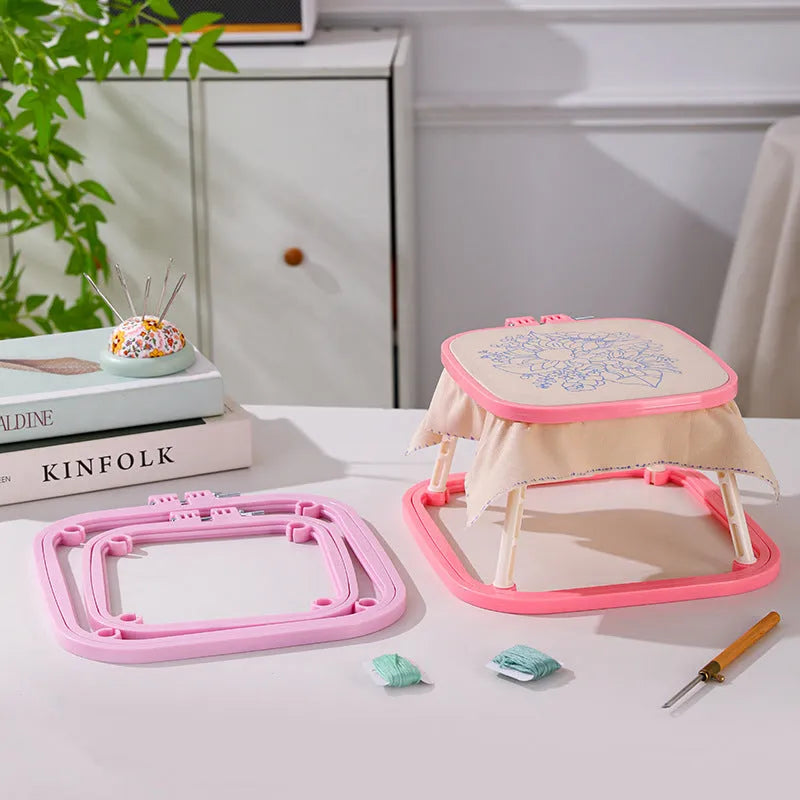 Double-layer ABS desktop embroidery frame with cotton cloth, adjustable stand, in light purple or watermelon red