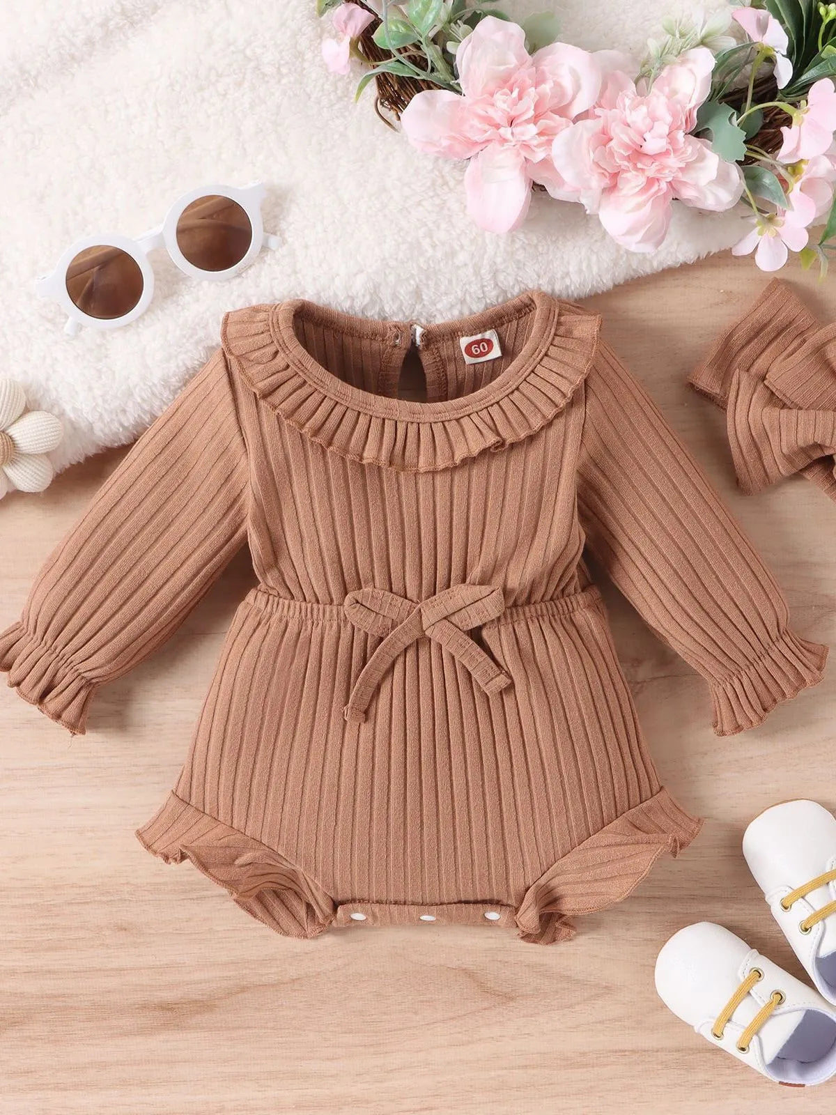 Baby girl long sleeve striped cotton romper with headscarf in white, pink, and brown options