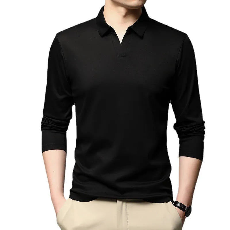 Men's solid colour cotton long sleeve shirt with lapel collar, shown in white, grey, or black