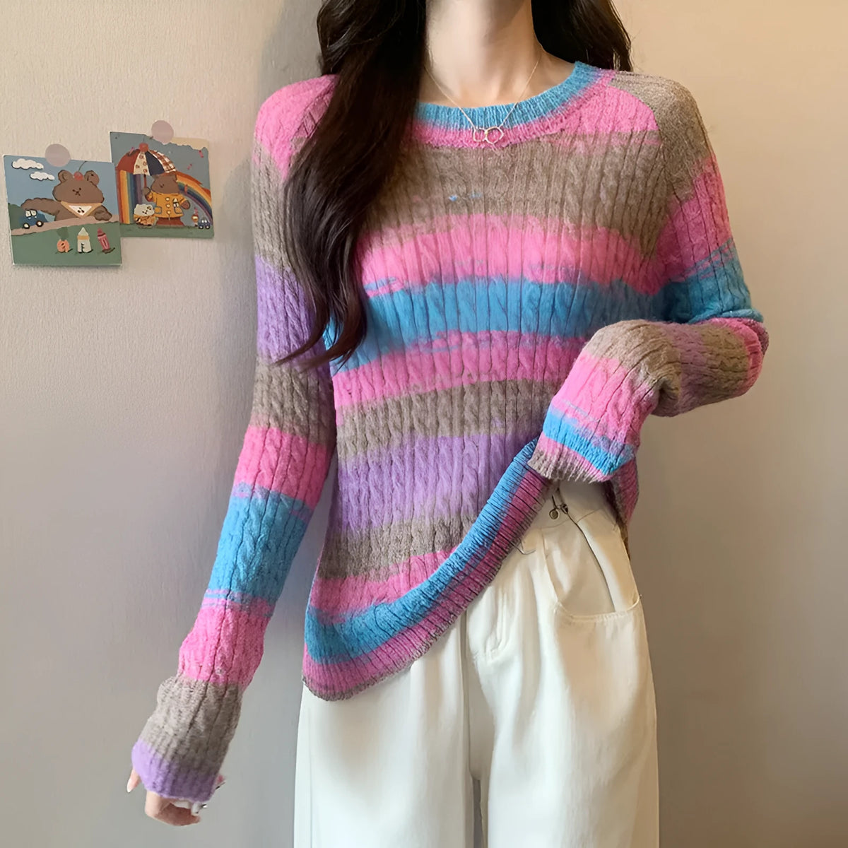 Striped round neck pullover sweater for women, slim fit, long sleeves, pink colour, embossed knit fabric