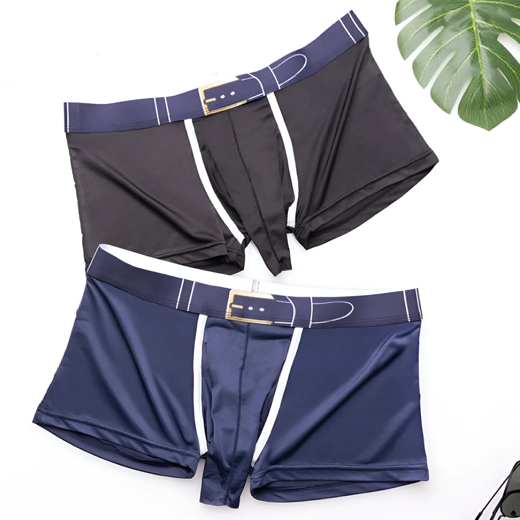 Men's solid colour Ice Silk boxer shorts on a mid waist, shown in blue colour option