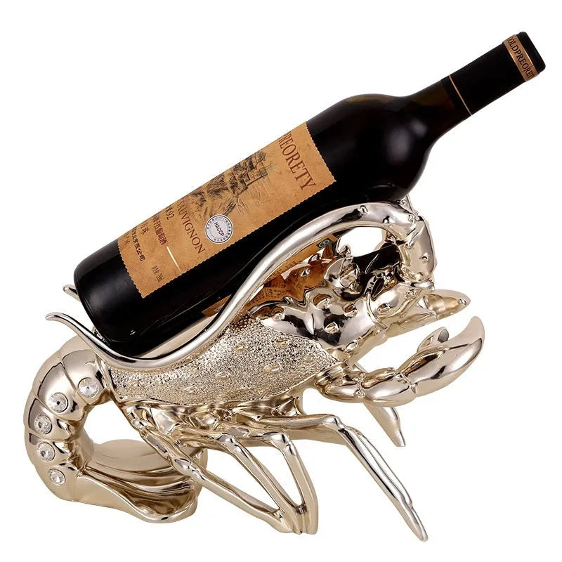 Lobster-shaped decorative wine rack ornament in rose gold or silver holding wine bottle