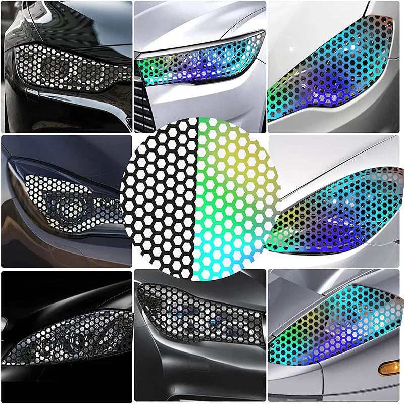 Honeycomb pattern adhesive sticker for car taillights in black, carbon, or colourful finishes, 48x30 cm.