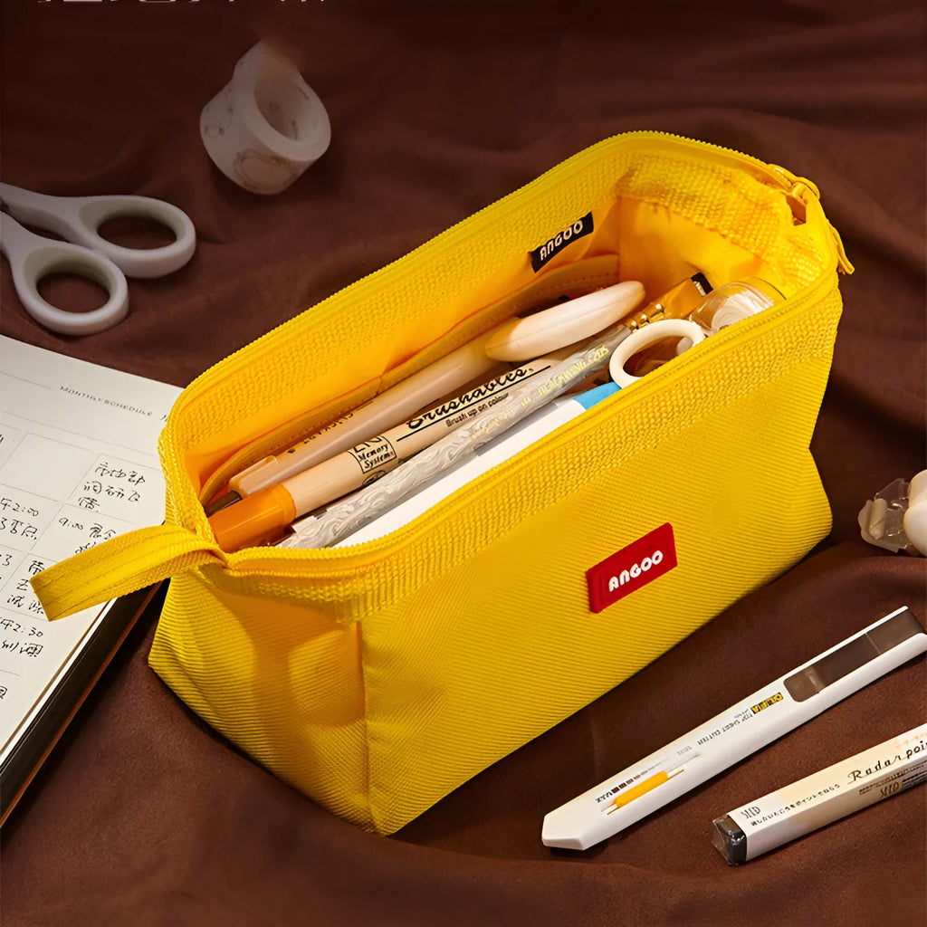 Large canvas pencil case with double zipper in yellow, black and dark blue colour options