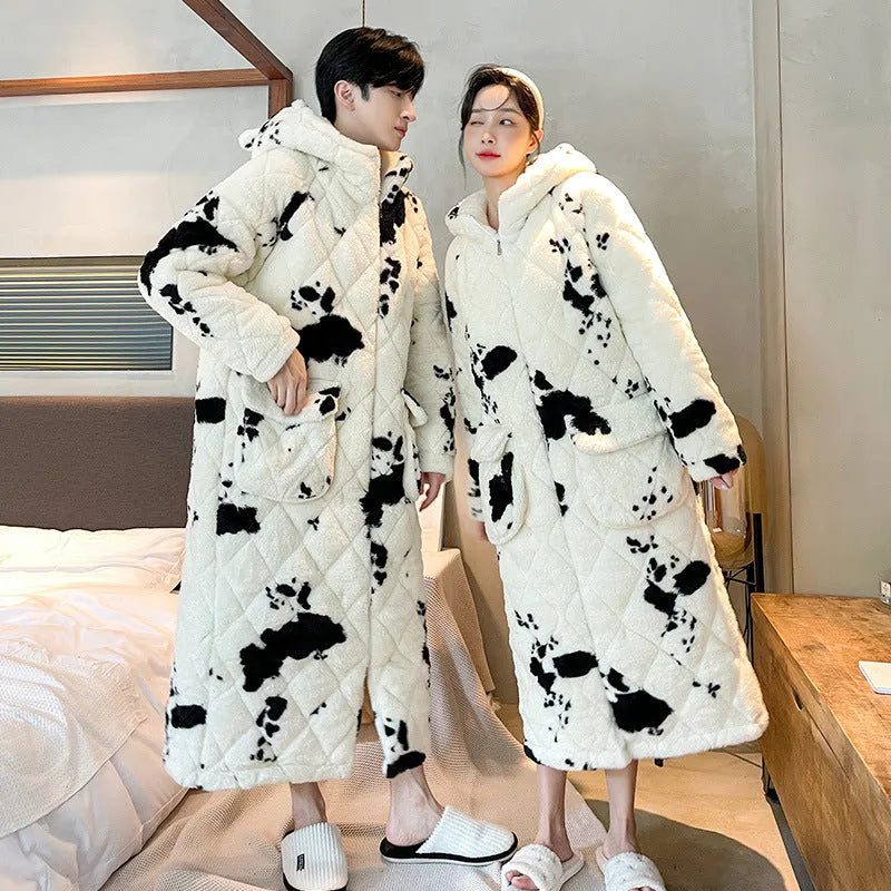 Men's winter quilted cow print coral fleece nightgown, thick warm bathrobe homewear
