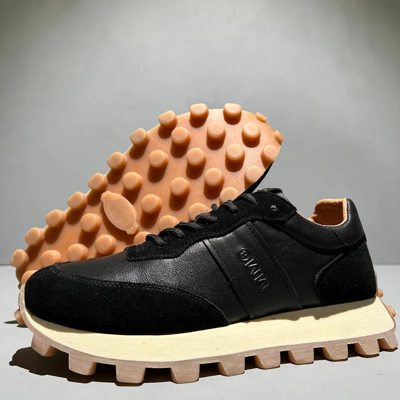 Mens lace-up leather sports shoes with thick rubber foam sole and heightening heel, black or white, sizes 38-43