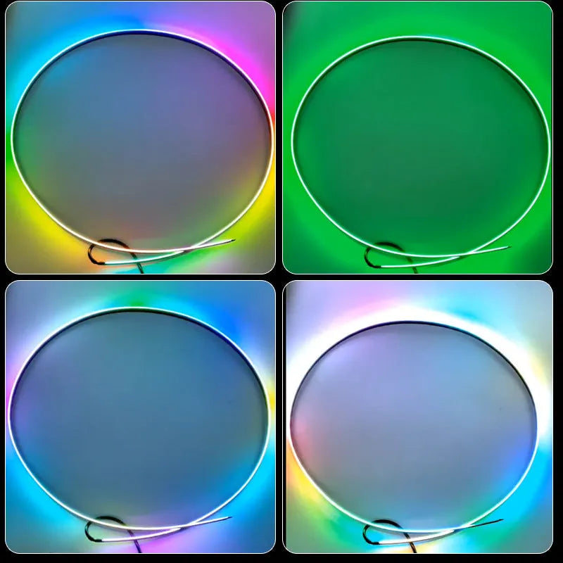 Car interior ambient lighting kit with LED strips, remote control, and smartphone app display showing colour customisation options