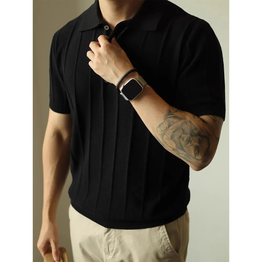 Men's loose fit solid colour polyester T-shirt on a hanger, shown in black and white colour options.