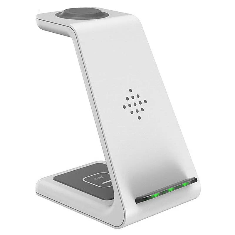 T3 wireless charging pad in black, compatible with Apple iPhone and Samsung smartphones.
