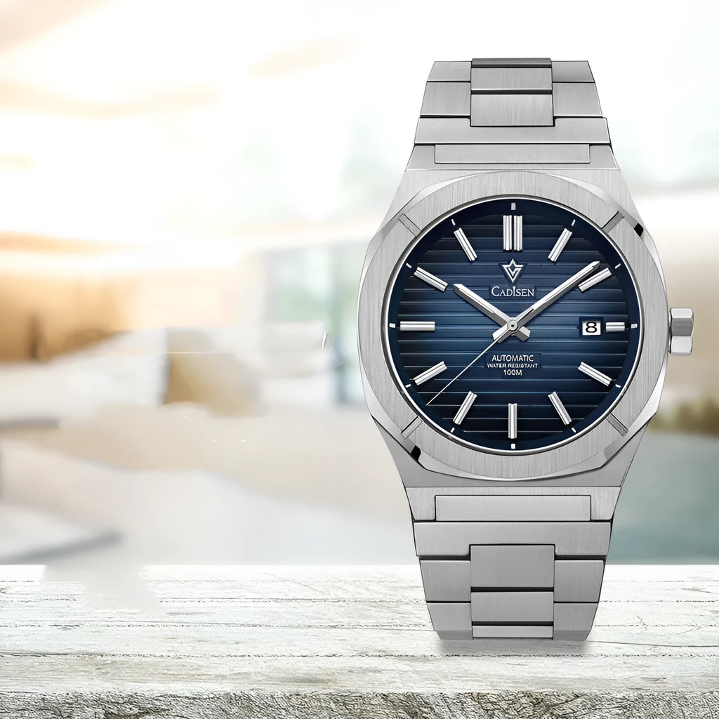 Men's automatic mechanical watch with 40mm stainless steel case, white dial, and blue steel band