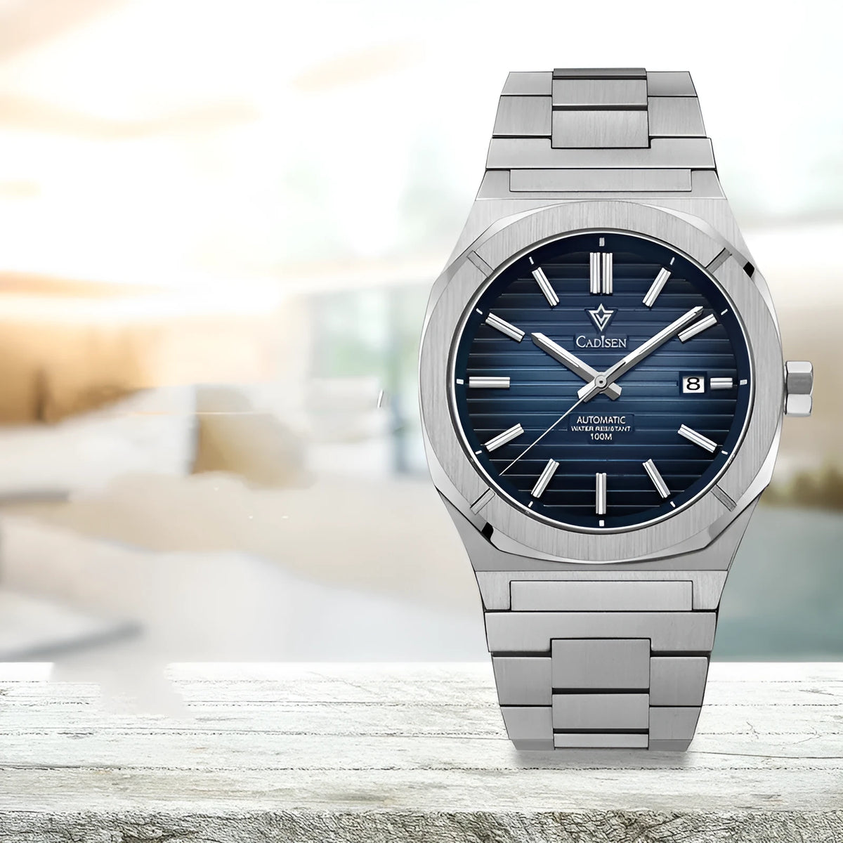 Men's automatic mechanical watch with 40mm stainless steel case, white dial, and blue steel band