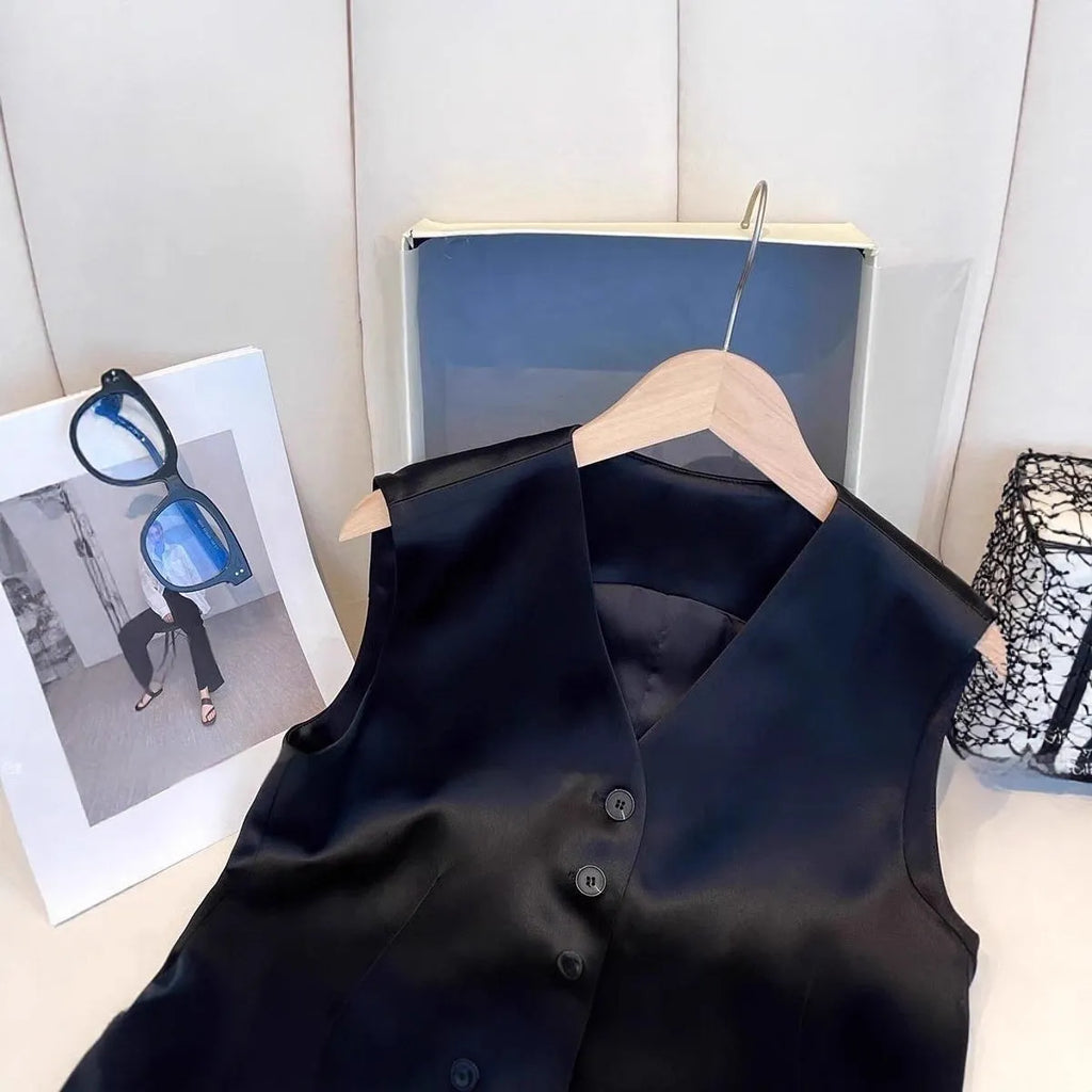 Black satin loose-fit sleeveless vest for women on a hanger