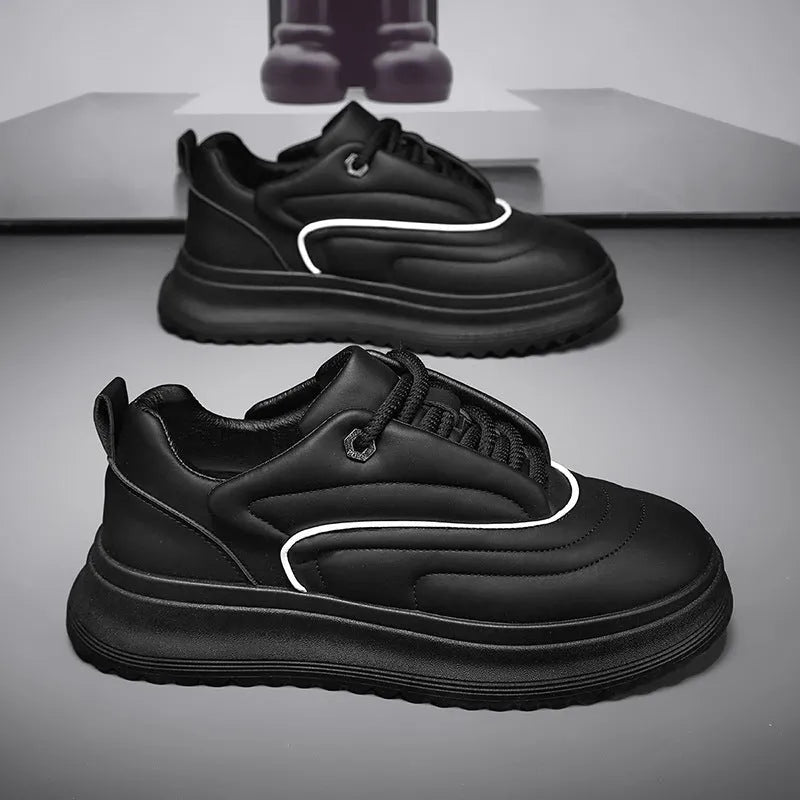 PU leather thick bottom bread shoes in matte cowhide, showing low heel design.
