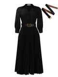 Women's polo collar pleated dress with swing skirt and belt in autumn winter style