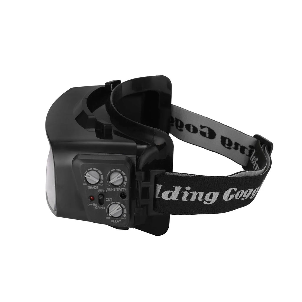 Black automatic darkening welding mask glasses with a large rectangular lens on a lightweight frame.