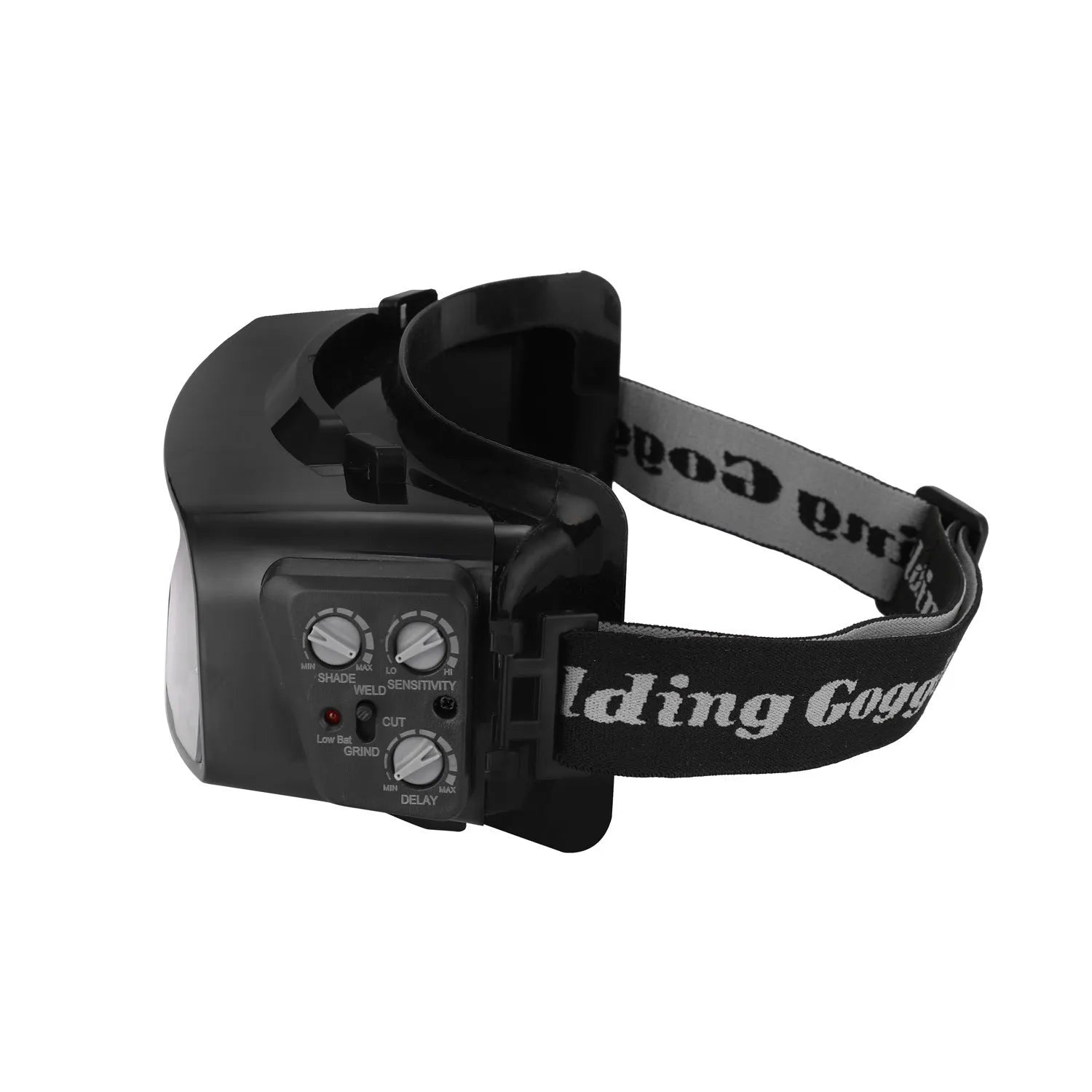 Black automatic darkening welding mask glasses with a large rectangular lens on a lightweight frame.