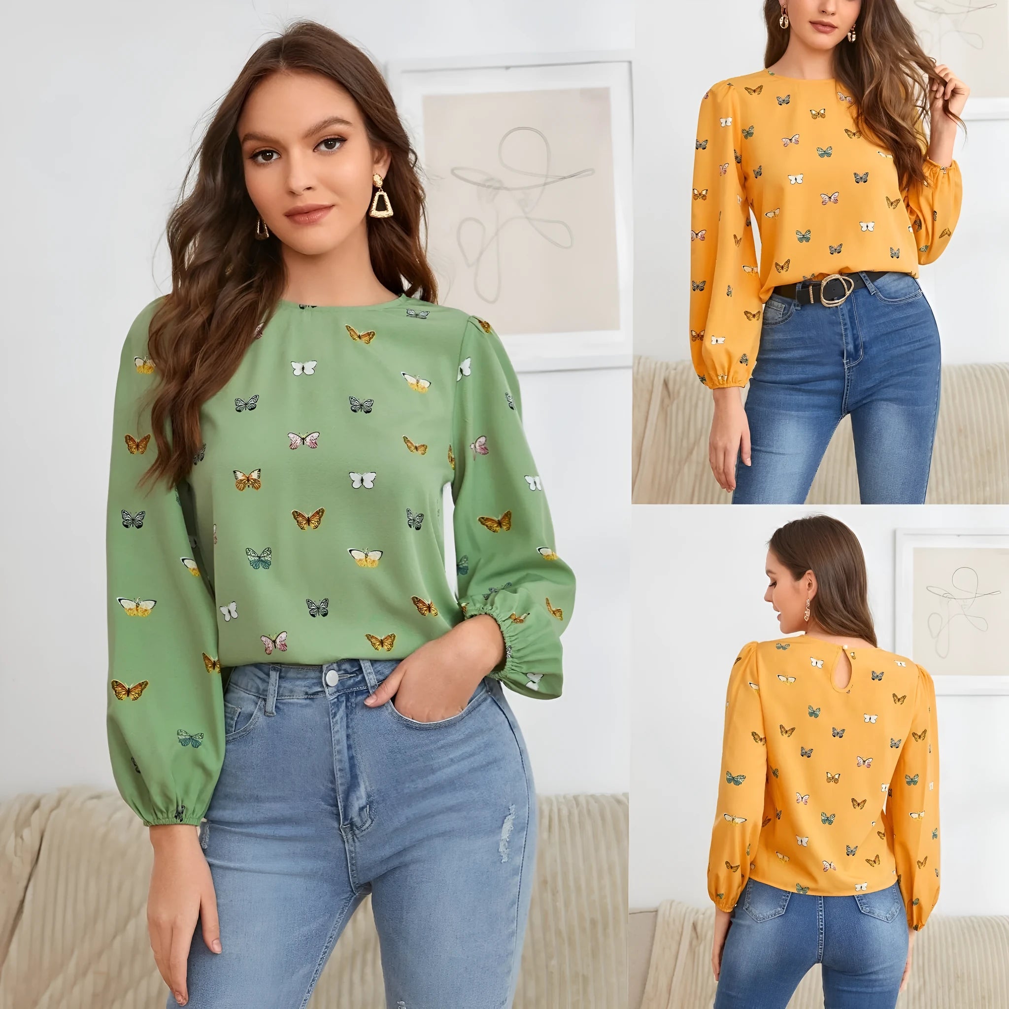 Women's green loose-fit long sleeve shirt with a colourful butterfly print.