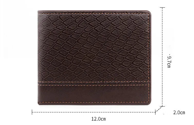 Men's horizontal square PU leather wallet with embossed snake pattern, available in rustic brown, dark brown, and black