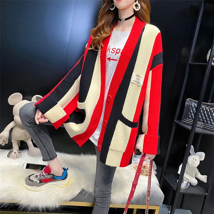 Women's loose fit striped colour stitching knitted cardigan sweater coat in green pink