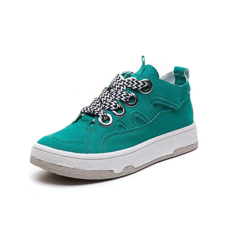 Women's canvas shoes in green, beige, or pink with platform rubber sole and front tie, sizes 35-40